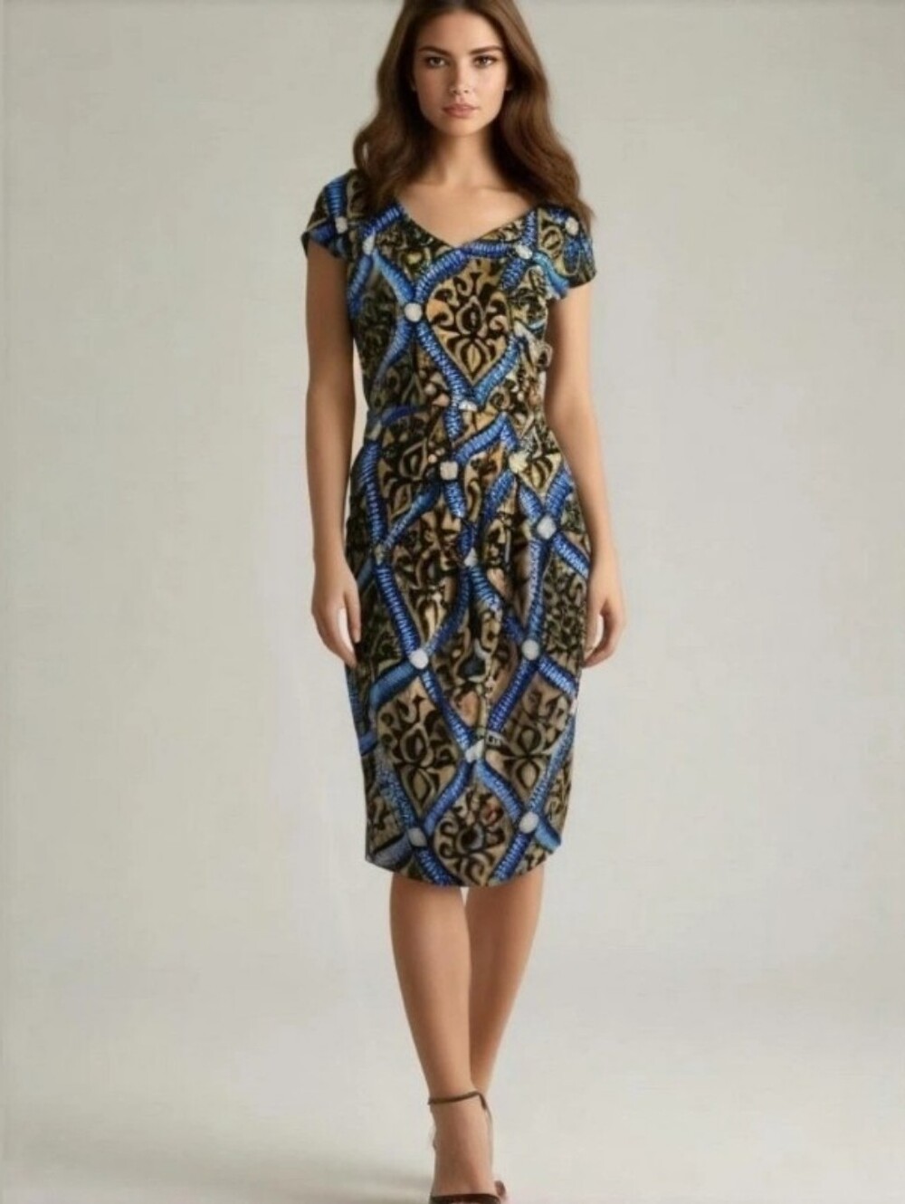 Antonio Melani Dress Women's Brown Blue Stretch Cap Sleeve Deep V-Neck Sz S